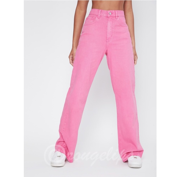 90s Style Pink Wide Leg Jeans High Waist Raw Hem - Picture 3 of 14
